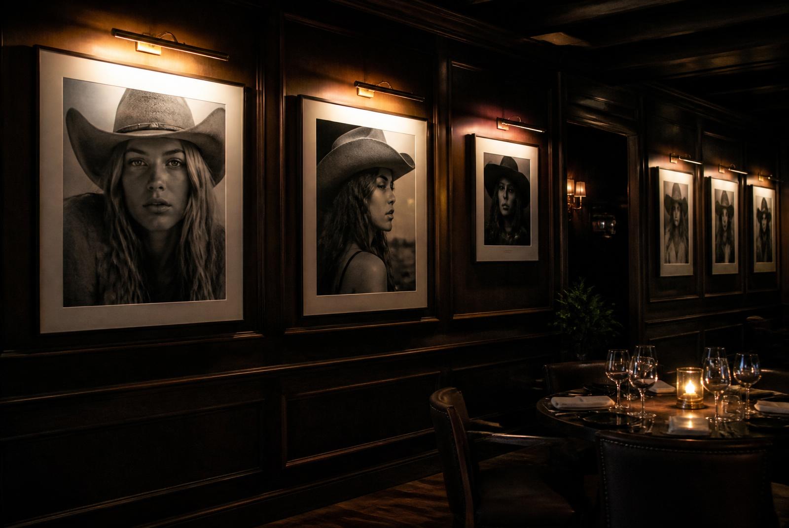 Black-and-white portraits by Stewart Cohen hung on the dark walls of La Pistola