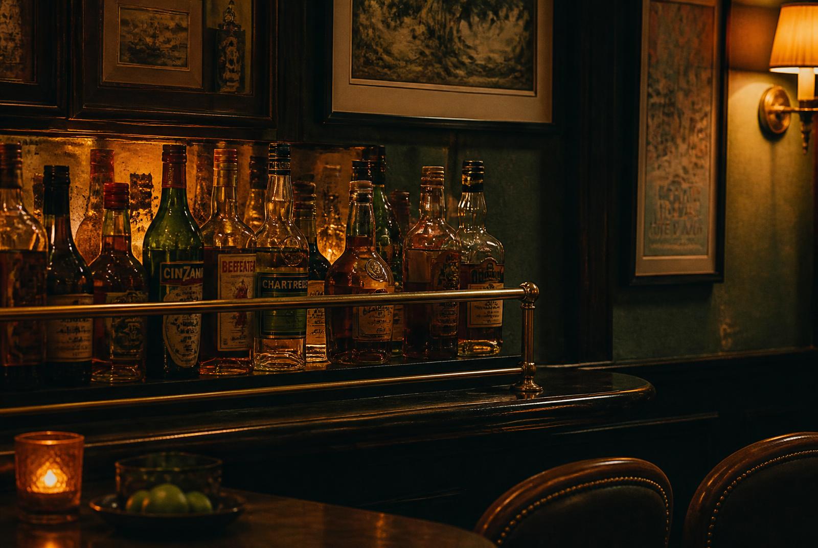 Backbar detail with brass rail at La Pistola