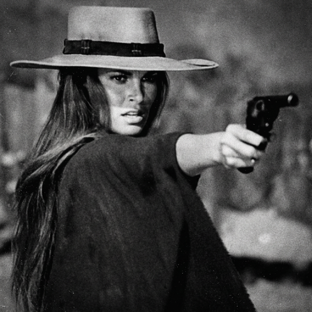 Black and white spaghetti-western still of a woman in a wide-brim hat drawing a pistol